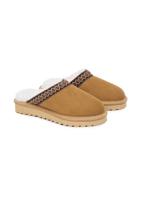 Braid Trim Shearling Slippers