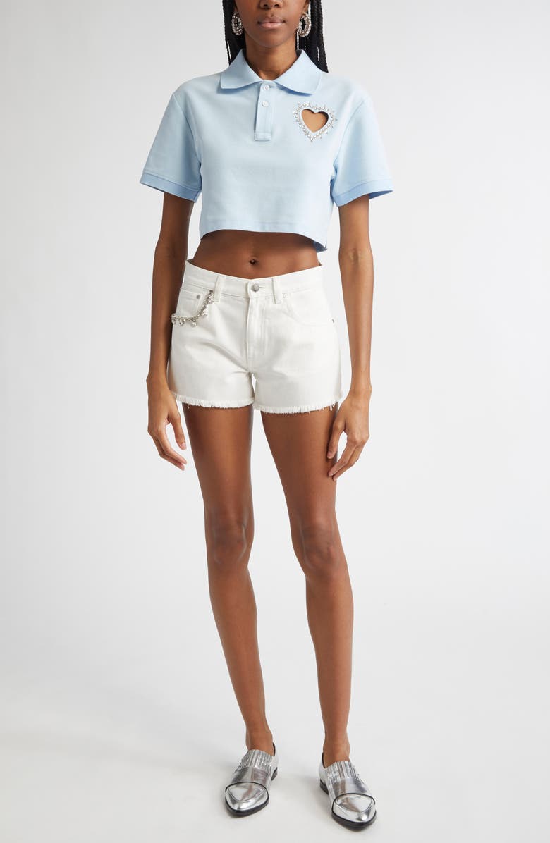 Area Crystal Pocket Denim Cutoff Shorts, Alternate, color, White