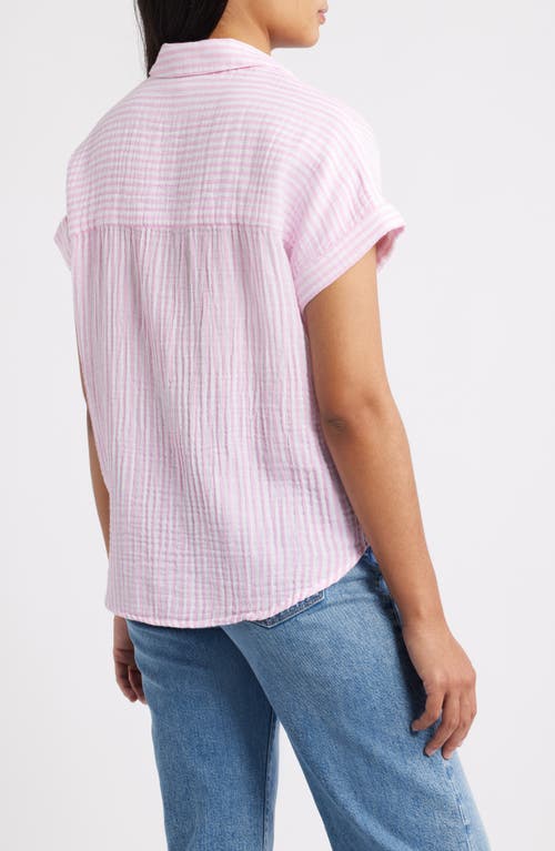 Beachlunchlounge Arin Stripe Short Sleeve Cotton Shirt In Pink