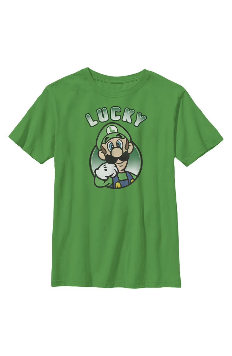 NINTENDO Boy's Nintendo Super Mario St. Patrick's Day Lucky Luigi Retro Graphic T-Shirt, Main, color, Kelly Green