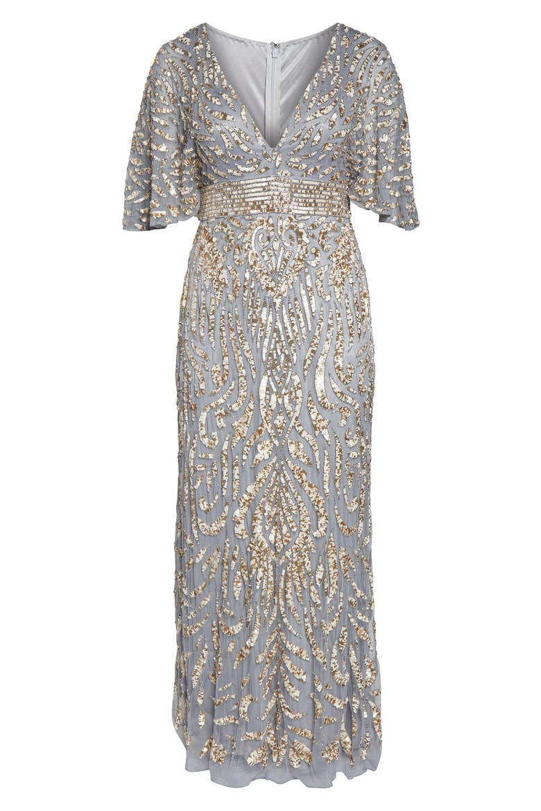 Sequin Cape Sleeve Mesh Evening Gown, Alternate, color, PLATINUM GOLD