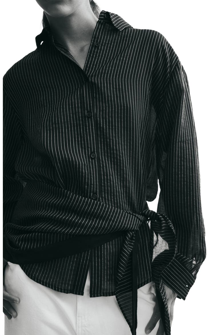 Scarf-detail Shirt, Alternate, color, Black/pinstriped