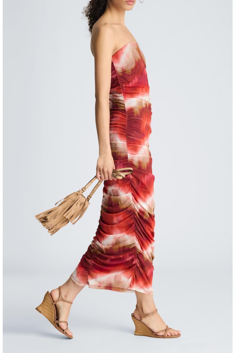 Strapless Ruched Midi Dress, Alternate, color, PUNCH MULTI