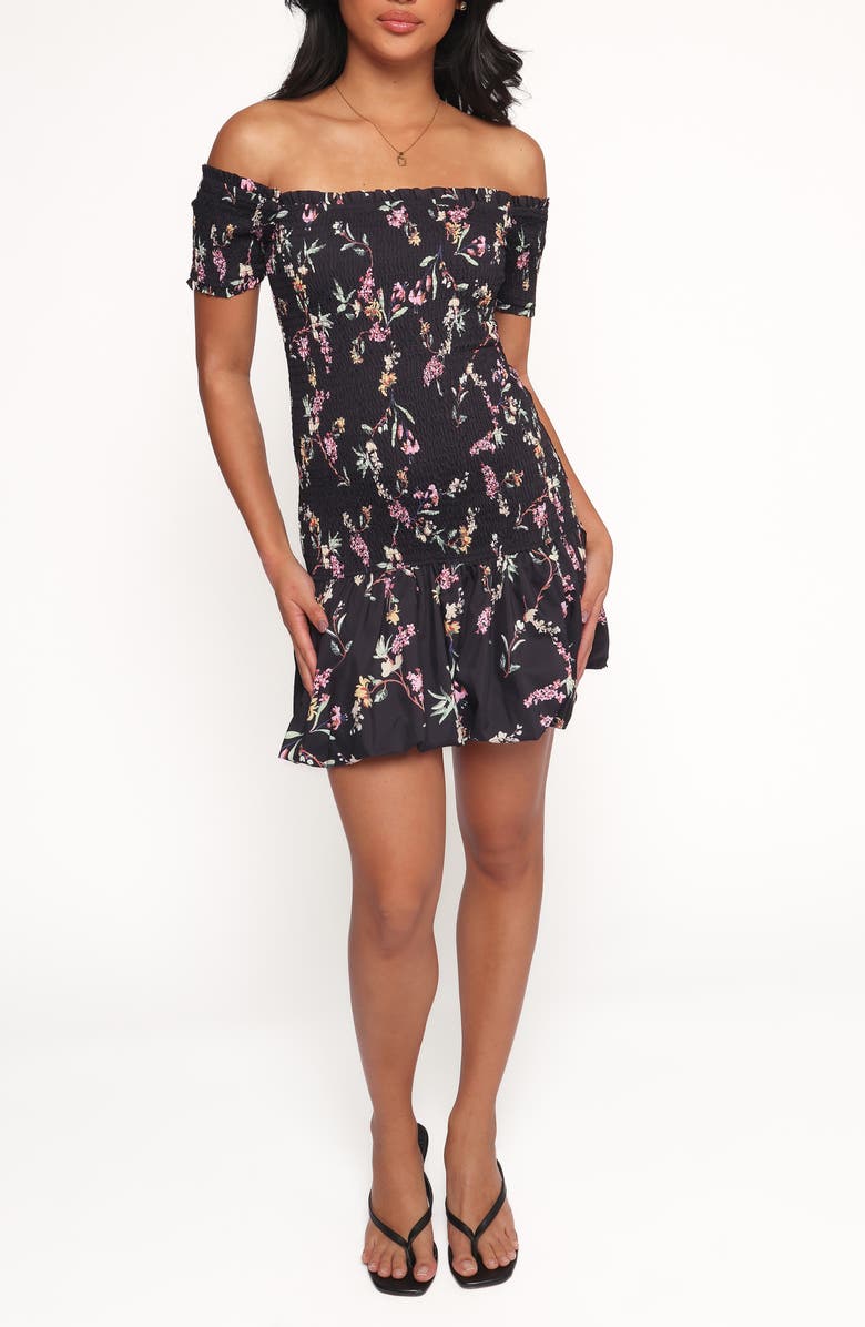 Petal & Pup Lewis Smocked Off the Shoulder Minidress, Main, color, Black Floral