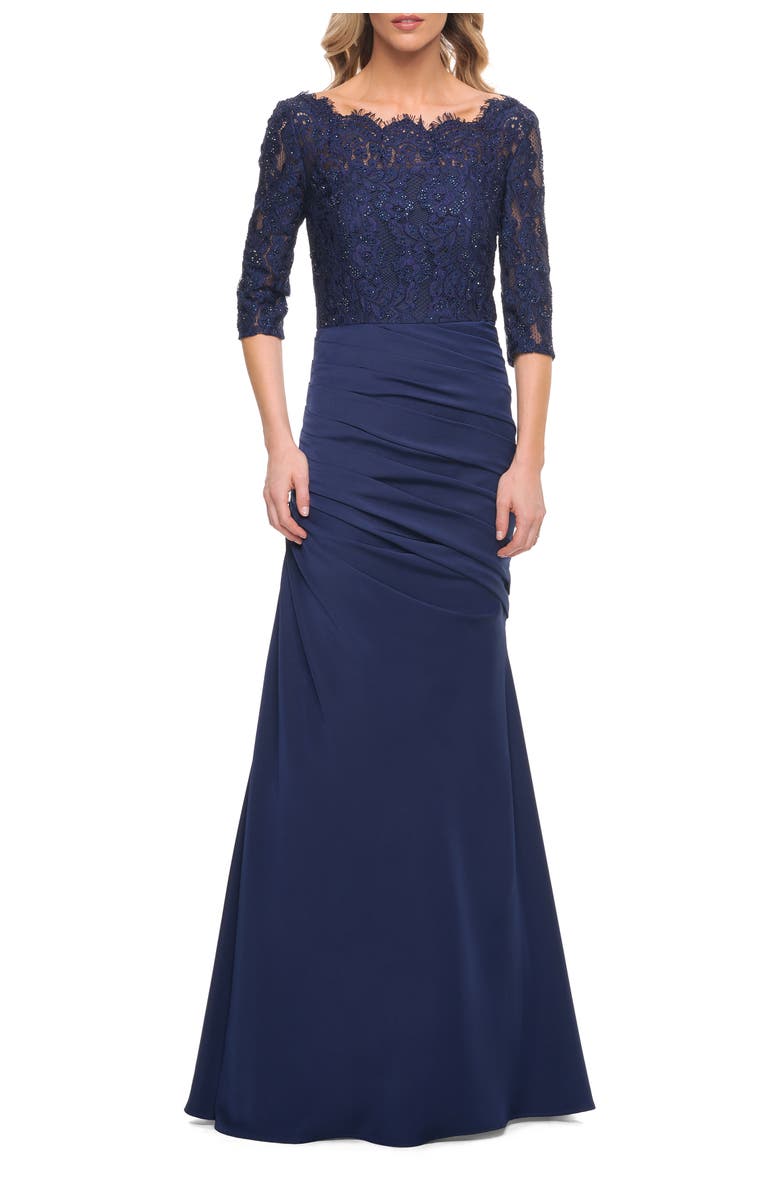 La Femme Gathered Mermaid Satin Gown with Lace Top, Main, color, Navy