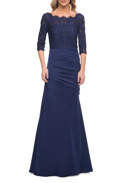 Gathered Mermaid Satin Gown with Lace Top