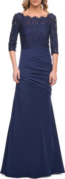 La Femme Gathered Mermaid Satin Gown with Lace Top