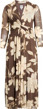 Anne Klein Floral Print Twist Front Long Sleeve Maxi Dress