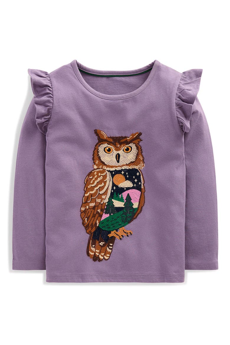Kids' Ruffled Long Sleeve Superstitch T-Shirt, Main, color, NOCTURNAL PURPLE OWL
