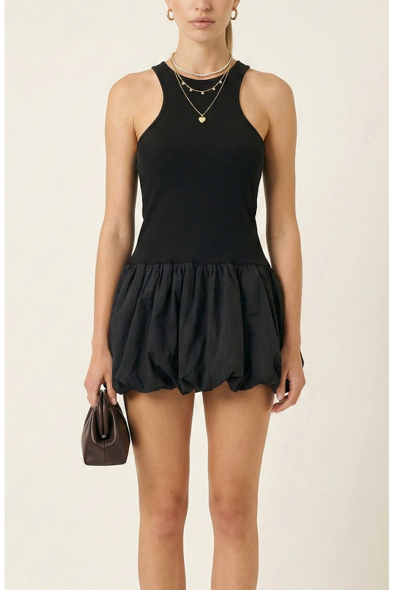 Mixed Media Racerback Mini Dress with Bubble Hem Skirt, Main, color, Black