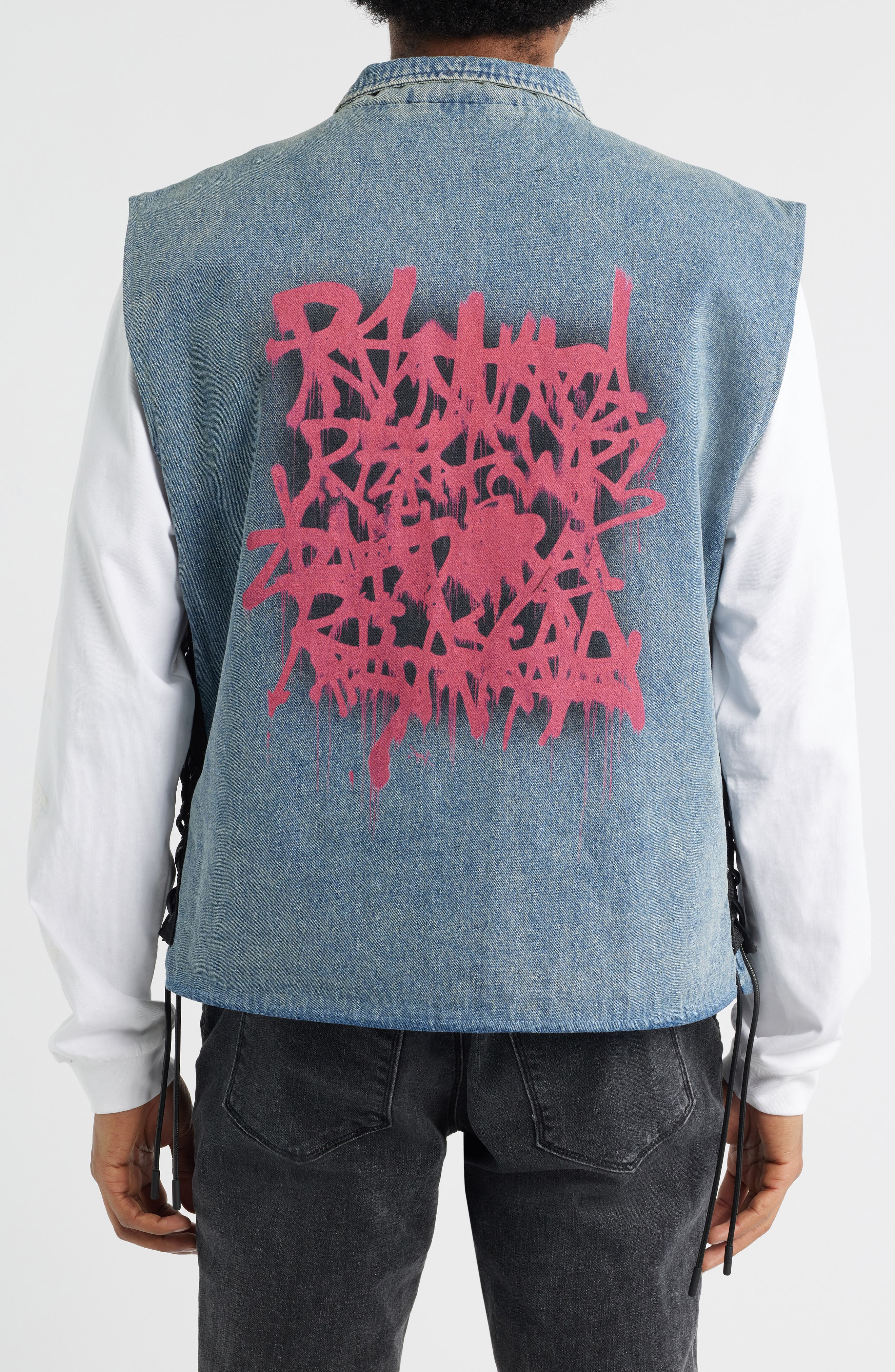 RtA Cesar Graphic Graffiti Denim Vest with Quilted Lining (Men