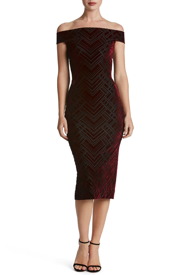 Eden Geo Print Velvet Off the Shoulder Dress, Main, color, BURGUNDY/ BLACK