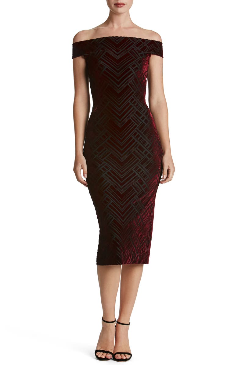 Dress the Population Eden Geo Print Velvet Off the Shoulder Dress, Main, color, Burgundy/ Black