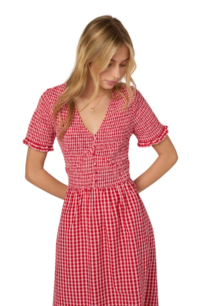 Eliza Gingham Smocked Bodice Organic Cotton Seersucker Midi Dress, Alternate, color, RED GINGHAM