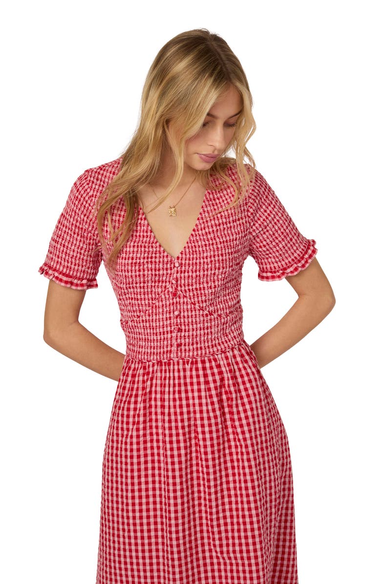 Nobody's Child Eliza Gingham Smocked Bodice Organic Cotton Seersucker Midi Dress, Alternate, color, Red Gingham