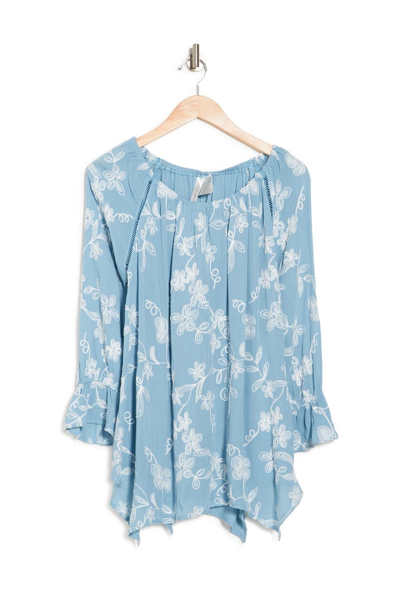 Off-the-Shoulder Embroidered Shark Bite Tunic, Alternate, color, DENIM