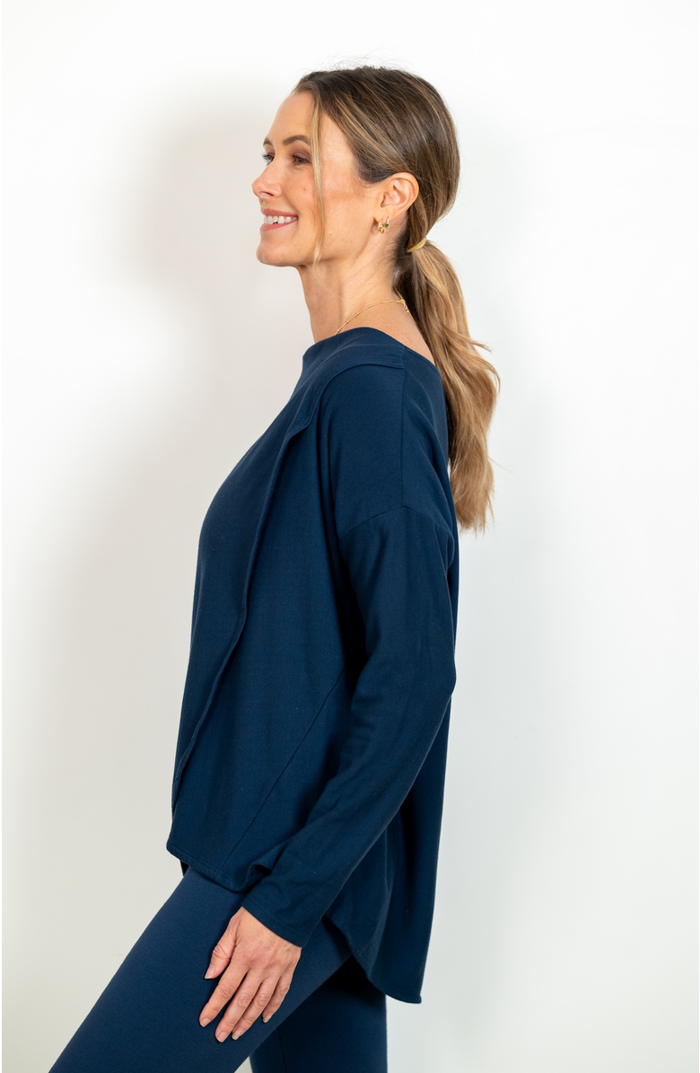 JJwinks Sweater Weather Built-In Shelf Off-The-Shoulder Fleece Long Sleeve Top, Alternate, color, Navy