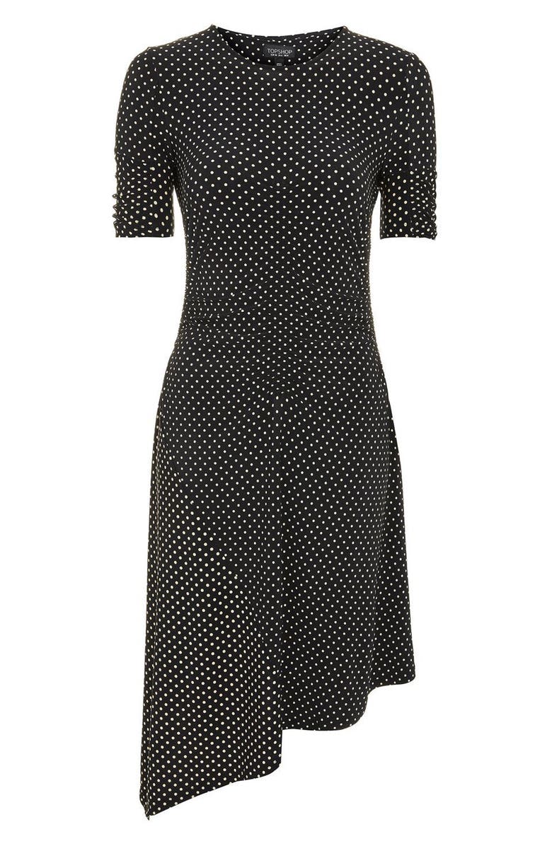 Topshop Polka Dot Asymmetrical Midi Dress, Alternate, color,
