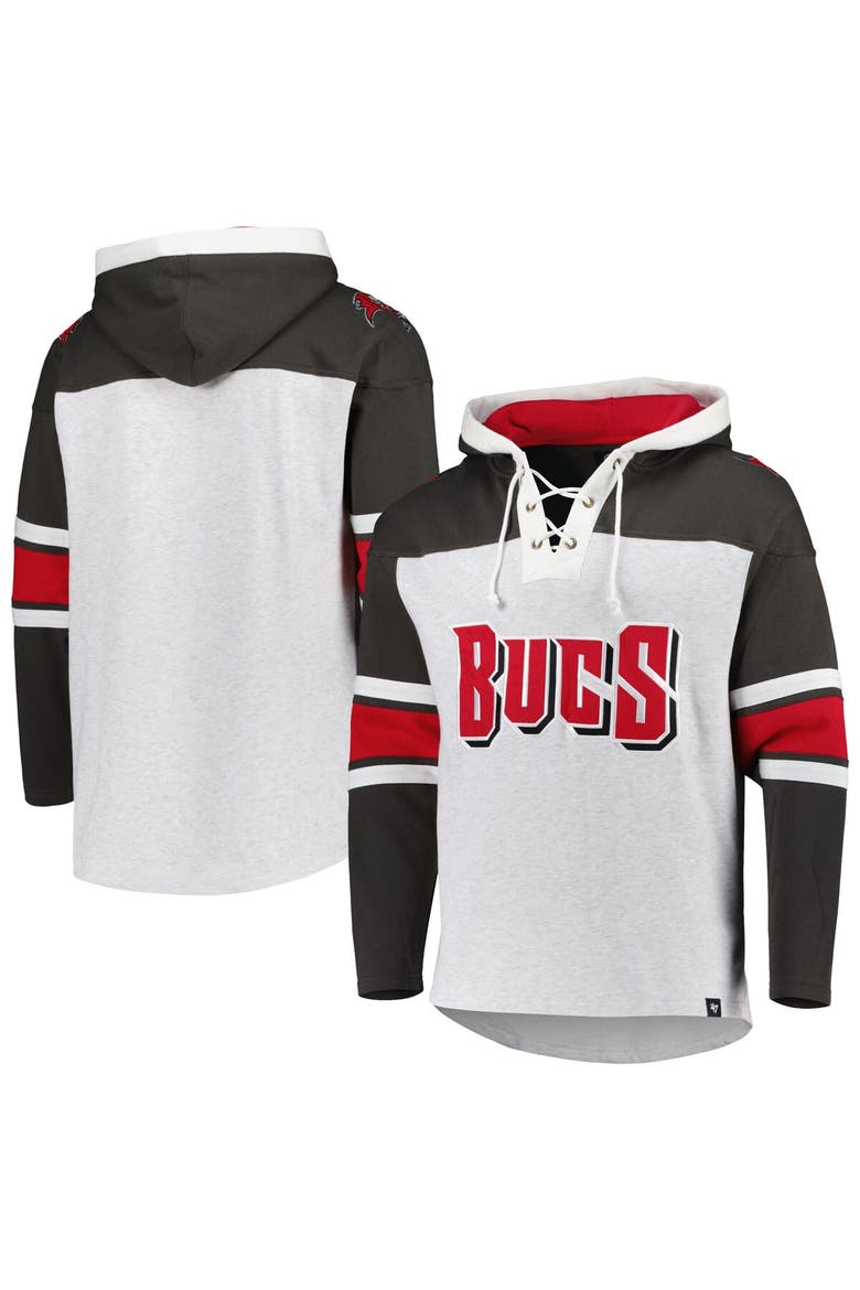 Men's '47 Tampa Bay Buccaneers Heather Gray Gridiron Lace-Up Pullover Hoodie, Alternate, color, Gray