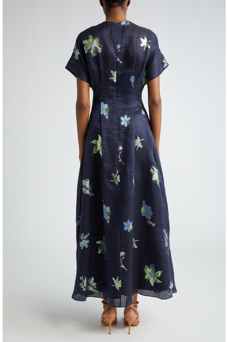 Floral Pleated Metallic Gingham Linen & Silk Blend Dress, Alternate, color, NAVY
