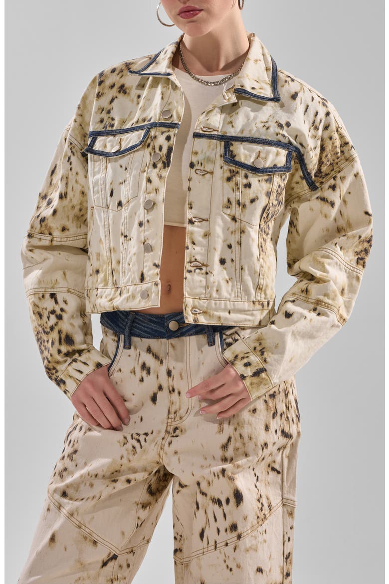 Santana Cow Print Crop Denim Jacket, Alternate, color, WHITE MULTI