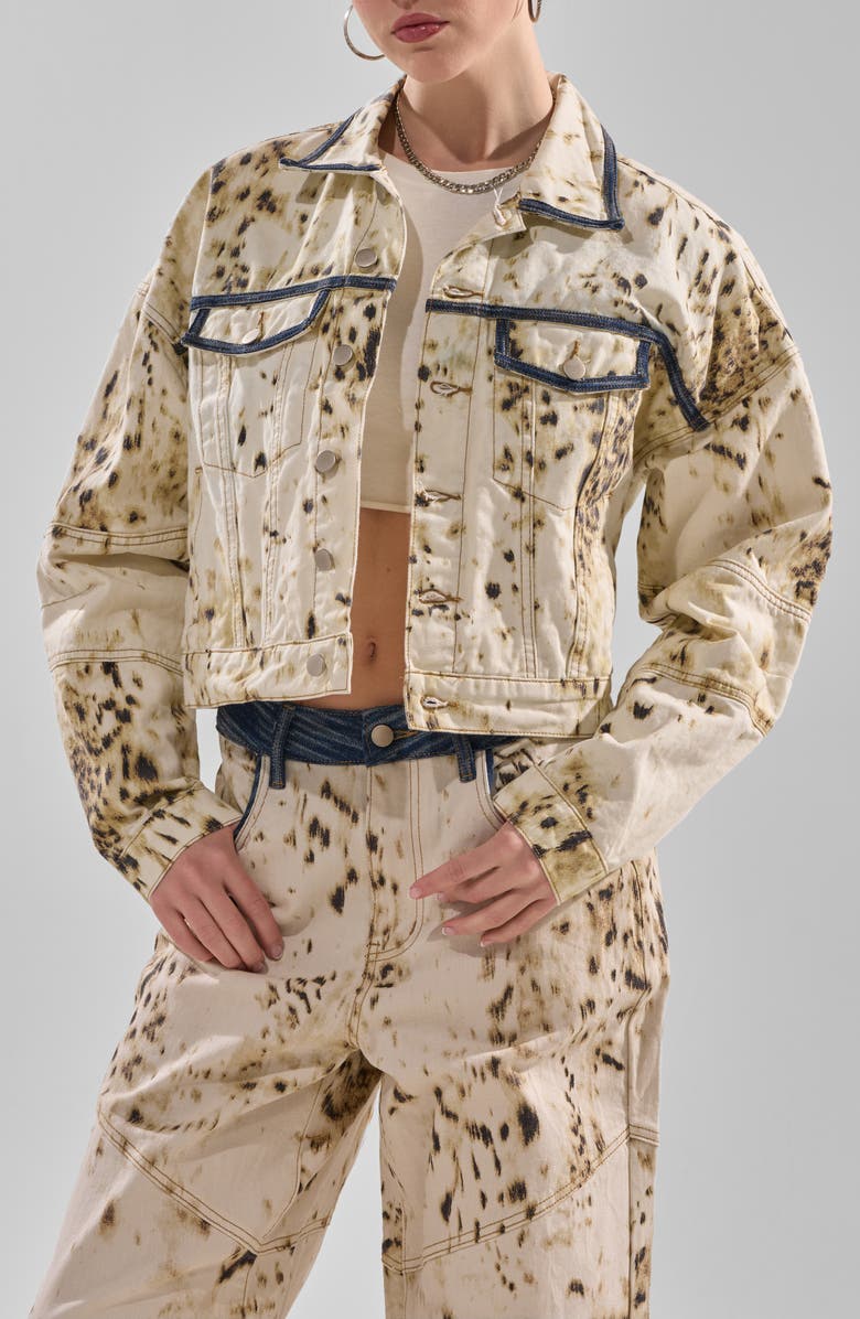 AZALEA WANG Santana Cow Print Crop Denim Jacket, Alternate, color, 