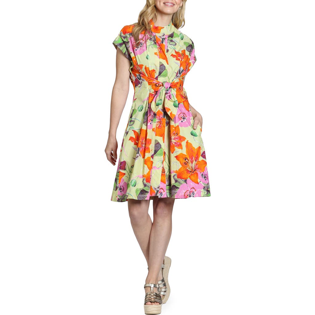 Apny Floral Print Belted A-line Dress In Bright Green Multi