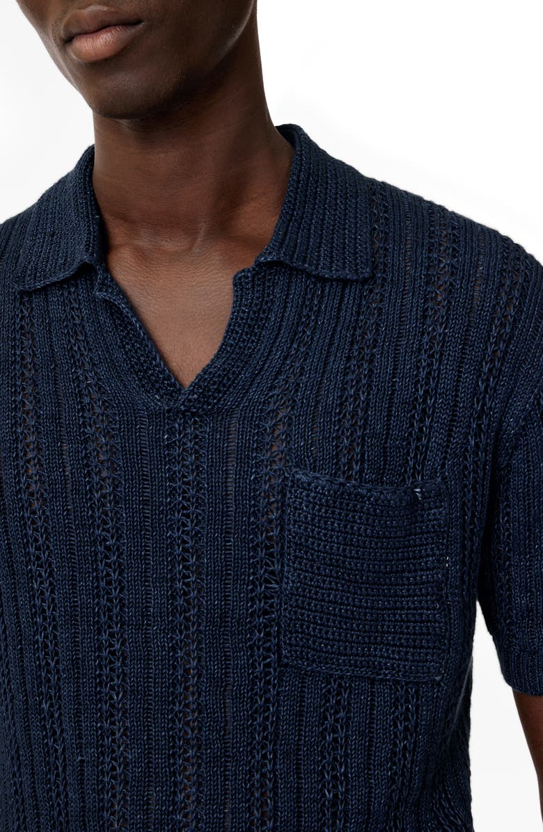 John Varvatos Odin Short Sleeve Textured Linen Johnny Collar Sweater, Alternate, color, Navy