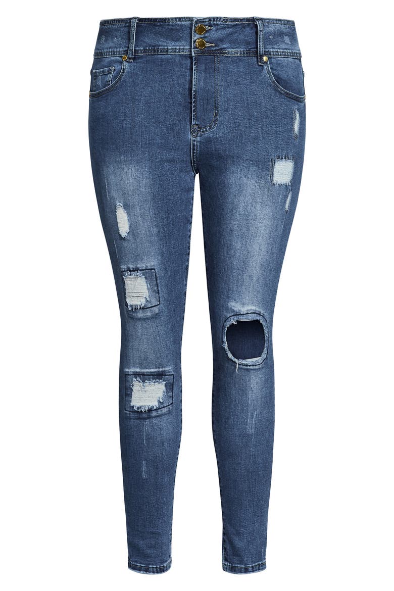 Patched Apple Skinny Jeans, Alternate, color, INDIGO