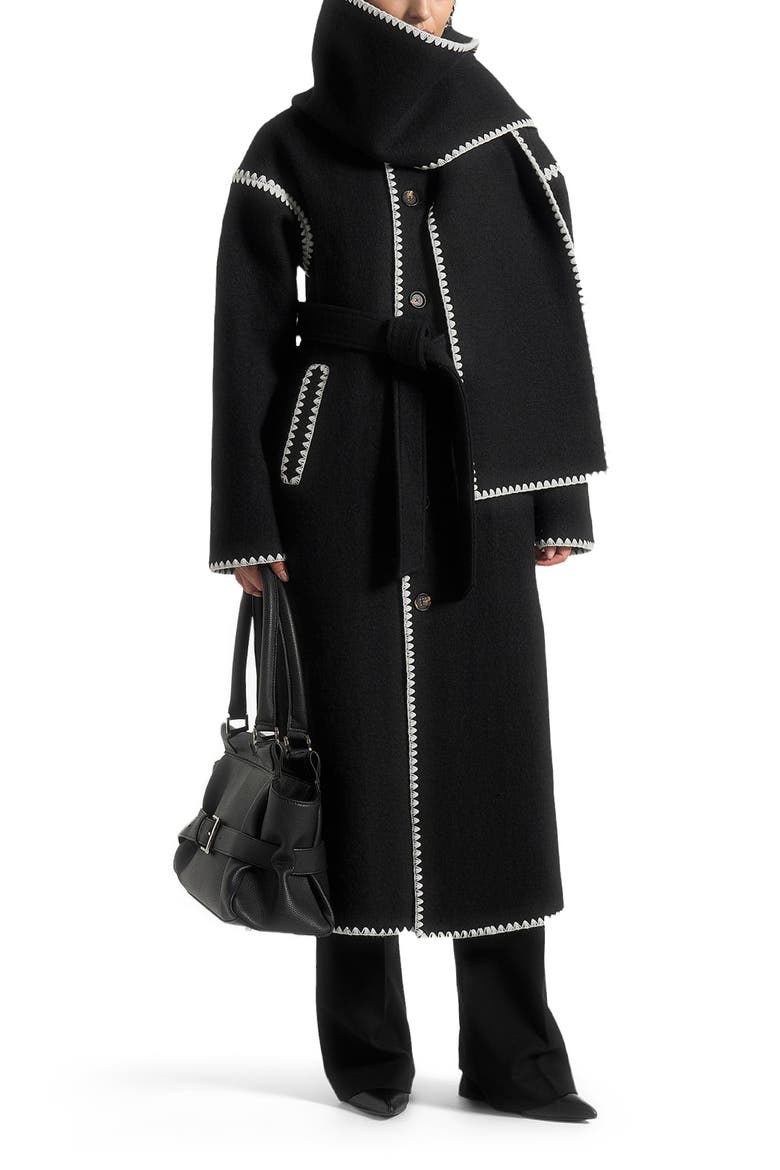 Elora Wool Blanket Stitch Belted Longline Coat, Alternate, color, Black