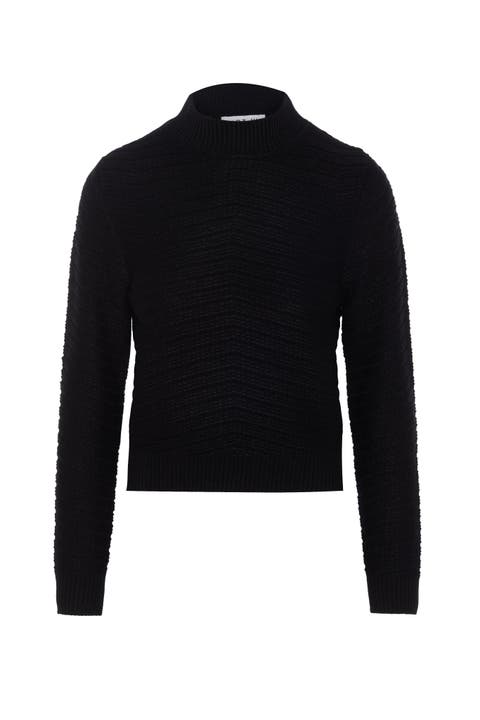 Chevron Mock Neck Textured Knit Sweater