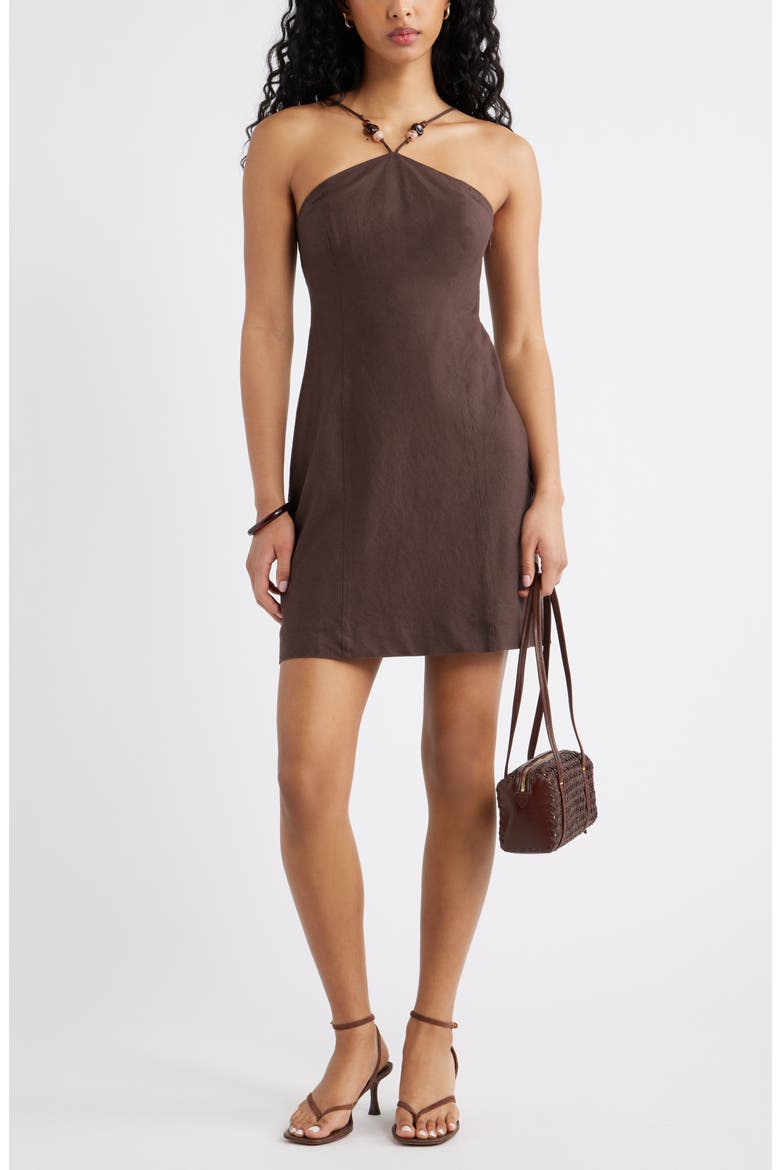 Halter Neck Linen Blend Minidress, Alternate, color, BROWN SEAL