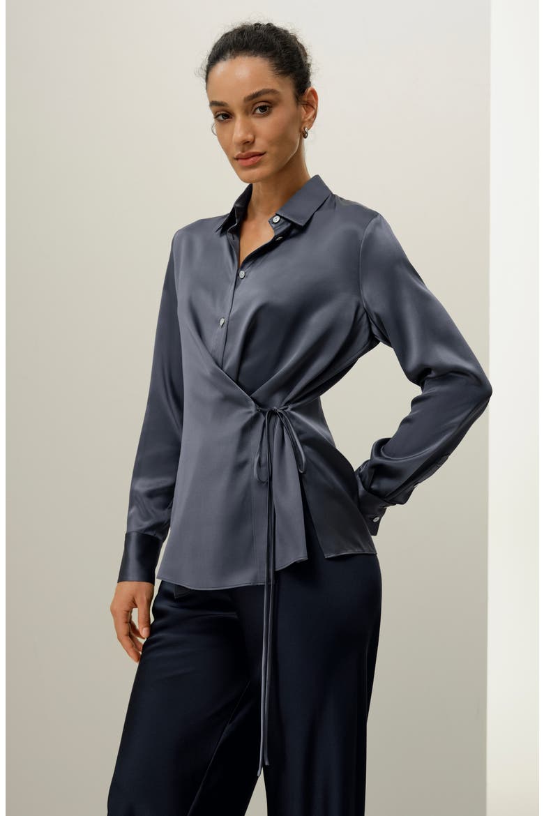 Women's Convertible Silk Charmeuse Shirt, Alternate, color, Night Lake