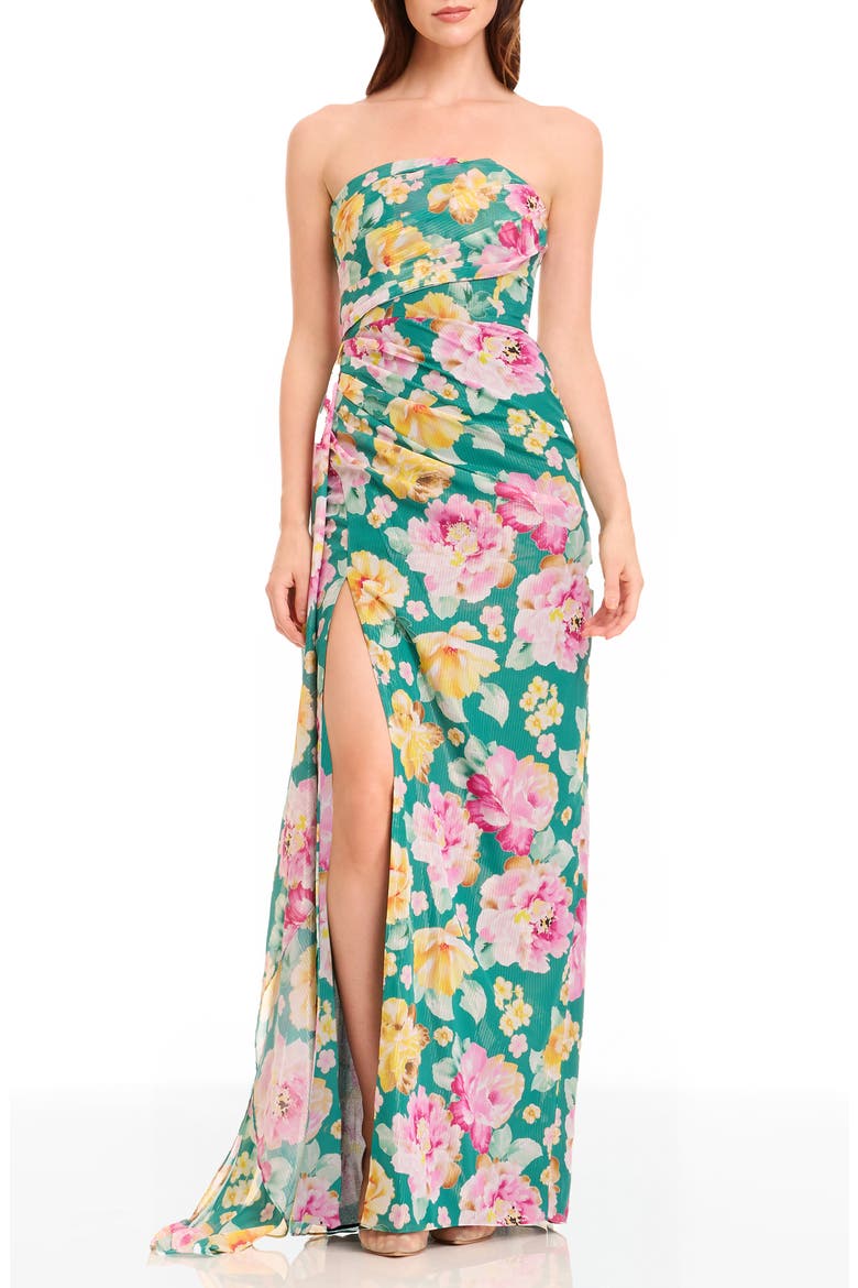 Lulu Metallic Floral Strapless Gown, Main, color, PINE MULTI