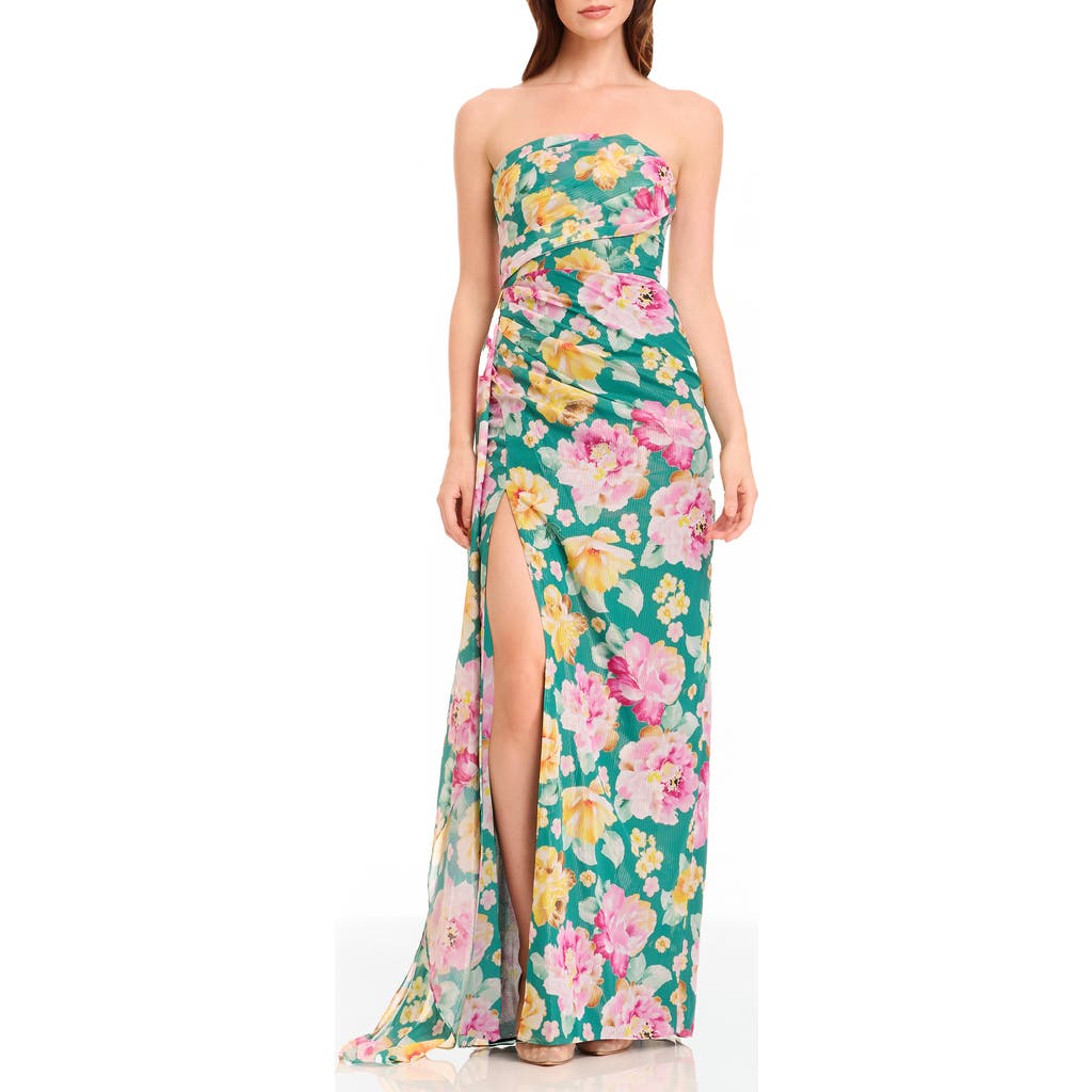 Shop Dress The Population Lulu Metallic Floral Strapless Gown In Pine Multi