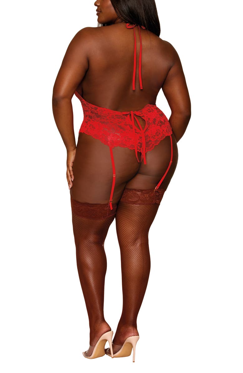 Dreamgirl Lace Teddy with Heart Chain Garter Straps, Alternate, color,