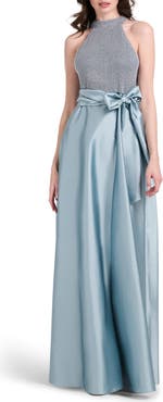 EMILY SHALANT Beaded Mock Neck Sleeveless Taffeta Gown