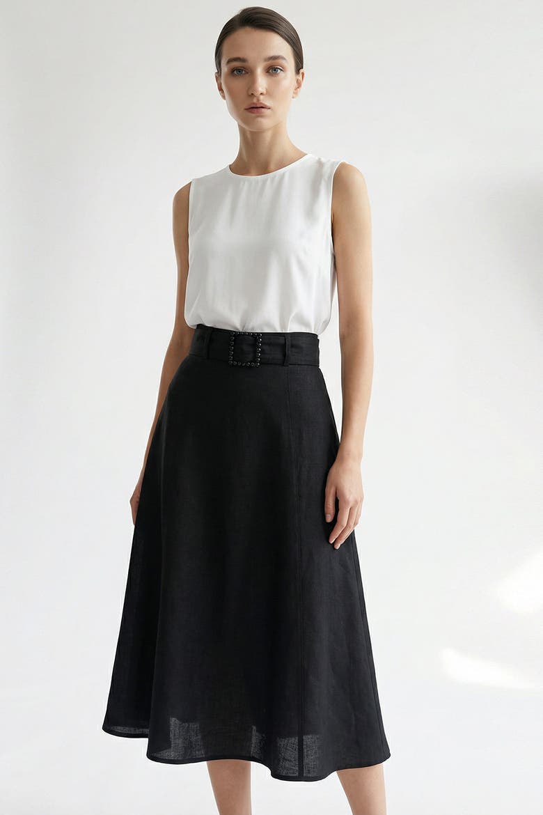 Skyler Midi Linen Skirt, Main, color, BLACK
