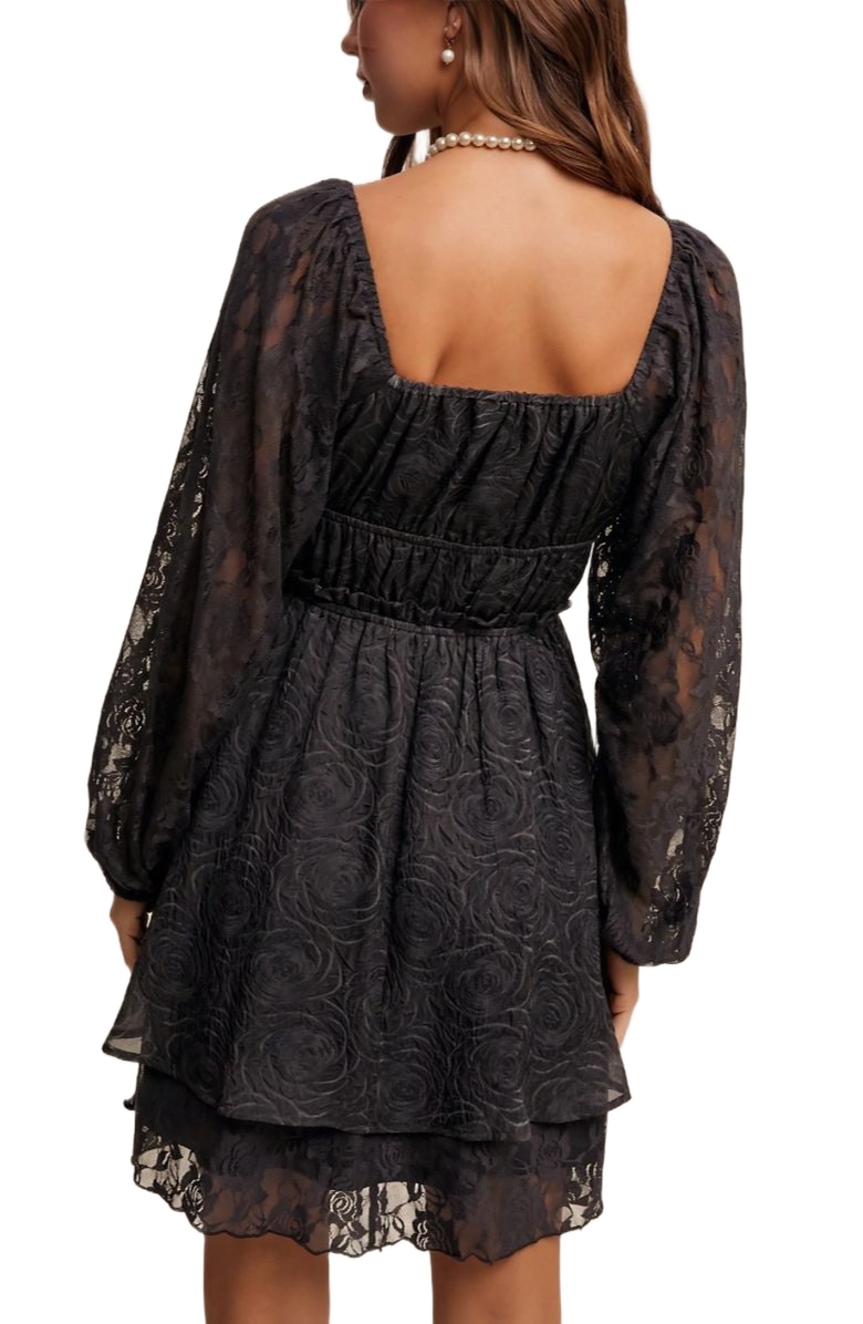 Knit and Lounge Lace Long Sleeve Ruffle Layer Mini Dress, Alternate, color, Black