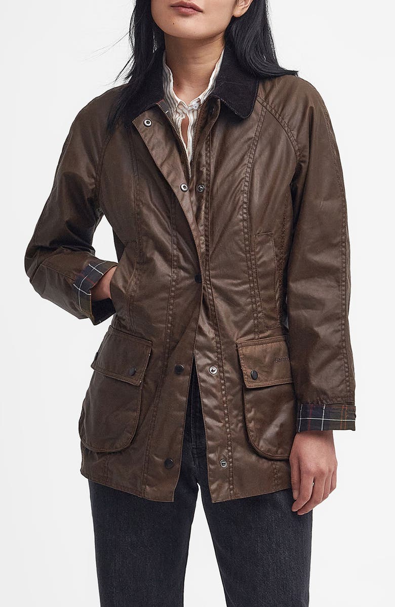 Barbour Beadnell Water Resistant Waxed Cotton Jacket, Main, color, Bark