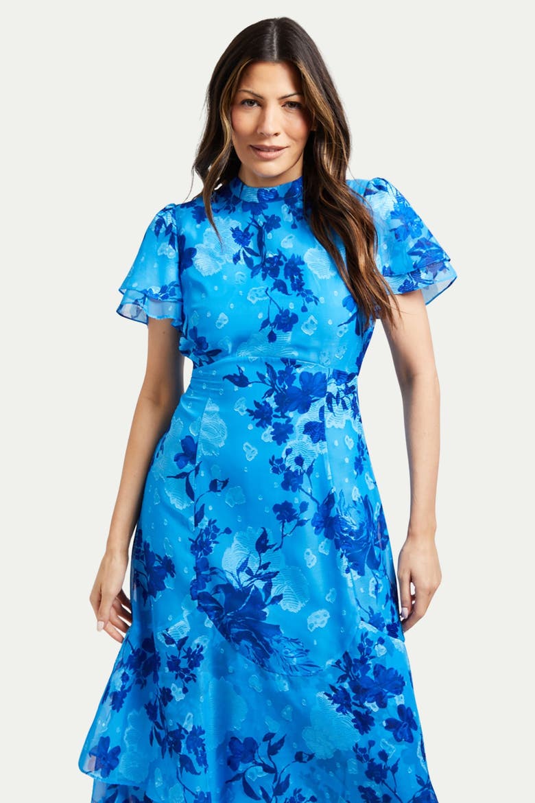 Floral Burn Out Ruffle Midi Dress, Alternate, color, Blue