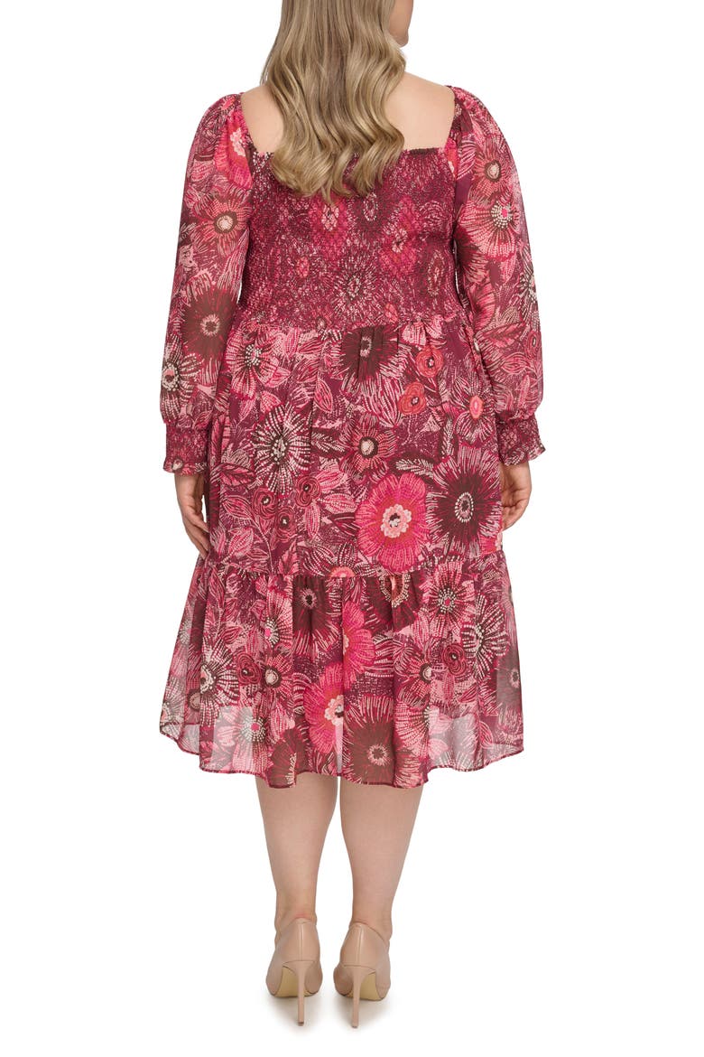 Floral Long Sleeve Smocked Chiffon Fit & Flare Dress, Alternate, color, BERRY