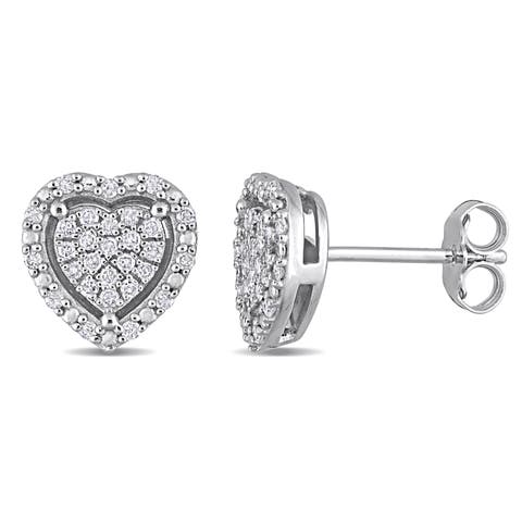 Diamond Heart Halo Stud Earrings Sterling Silver