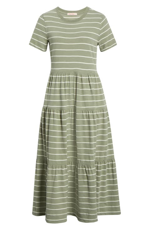 Luxe Stripe Sueded Cotton Tiered Midi Dress