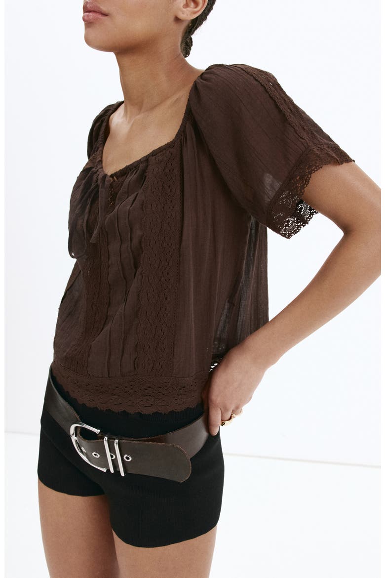 Pintuck Lace Trim Cotton Shirt, Alternate, color, BROWN