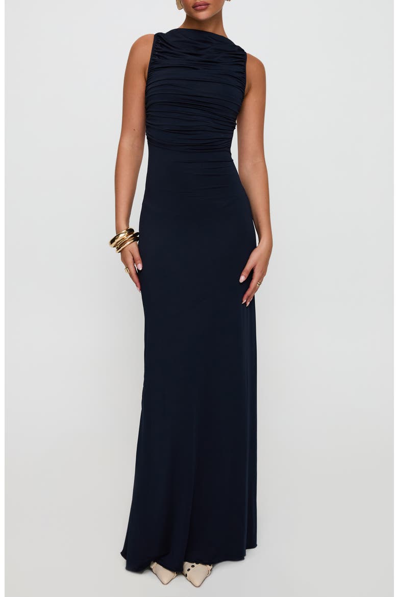 Undeniable Ruched Back Cutout Sheath Gown, Main, color, NAVY