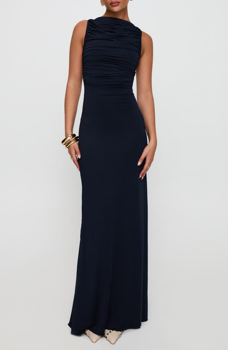 Princess Polly Undeniable Ruched Back Cutout Sheath Gown, Main, color, Navy