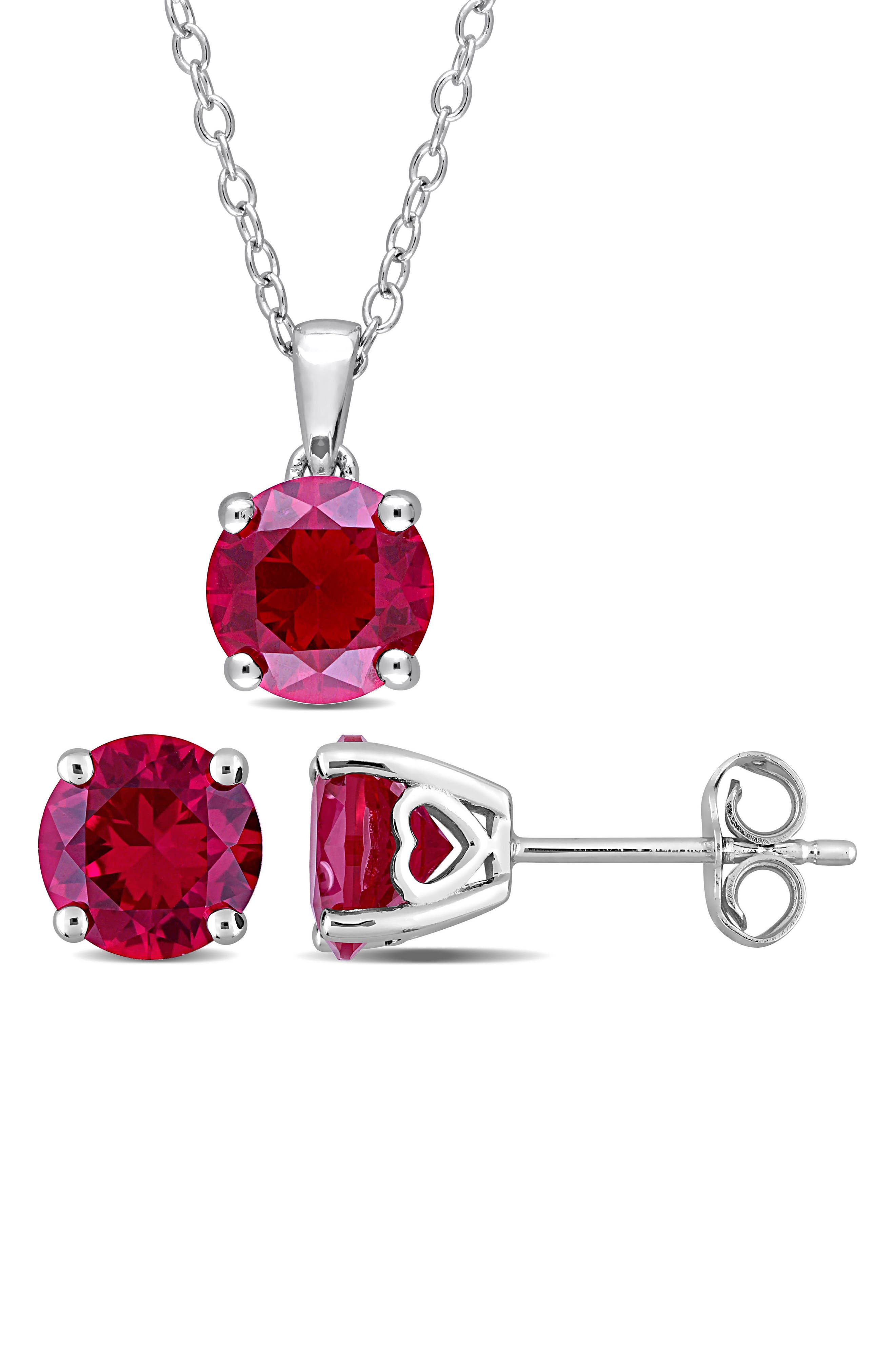 DELMAR Sterling Silver Solitaire Created Ruby Stud Earrings & Necklace