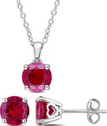 DELMAR Sterling Silver Solitaire Created Ruby Stud Earrings & Necklace