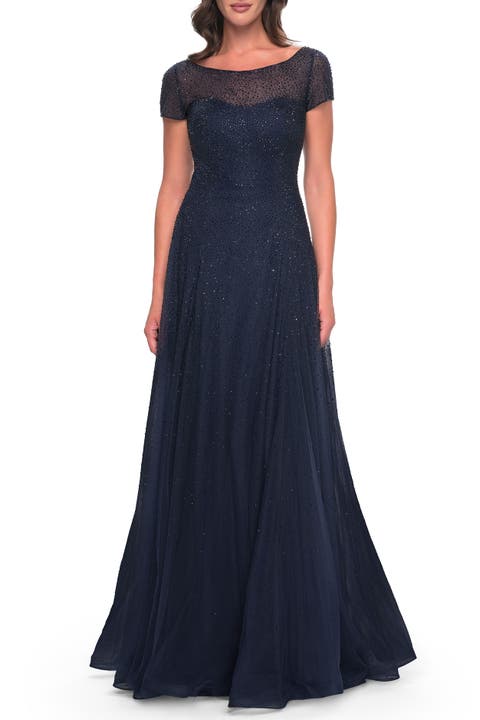 Beaded A-Line Dress with Illusion Neckline and Sleeves